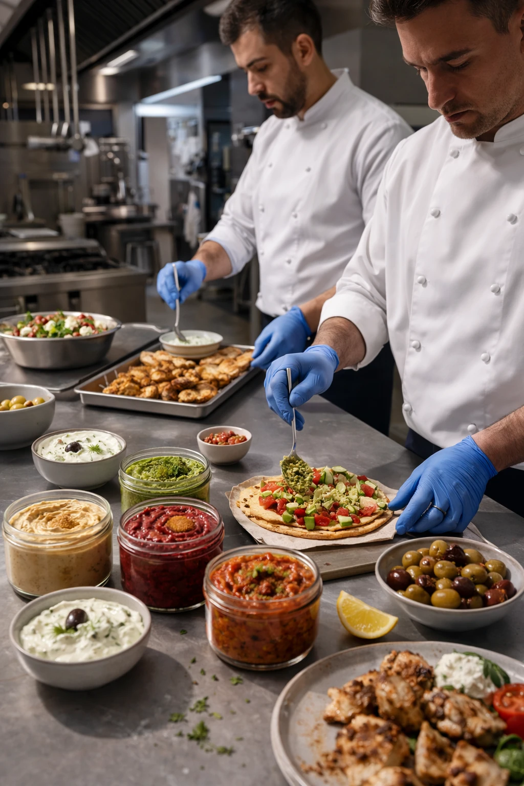Professional kitchen team preparing Mediterranean dishes for foodservice operations
